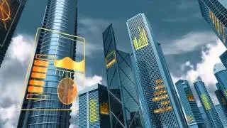 Animation of high-tech digital city building, backed by Orchestra with famous xmas tune