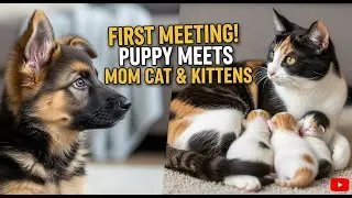 German Shepherd Puppy Meets Mom Cat With Newborn Kittens For The First Time