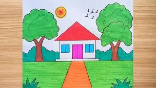 Very easy House Drawing 🏡/Simple Village Scenary Drawing /Ghor aka sohoj upay/Prakitick Drishya Art 