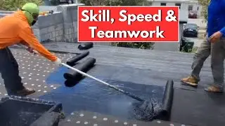 Hot Tar & Fabric Roofing Prep | Teamwork on Sloped Flat Roof in South Florida.