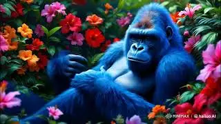 Cyan Wonder: A Rare Gorilla Amidst Tropical Blossoms 🌺🦍✨