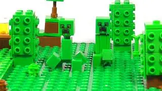 Lego Minecraft. Creepers explode Steve tower.
