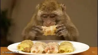Monkey eating Steak, Pizza , Chips, fish , donuts , ASMR (Headphones Recommended)