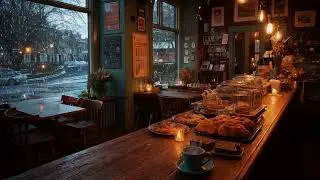 Peaceful Coffee Shop in Winter with Snow Outside and Soft Piano for a Calm Night and Focus