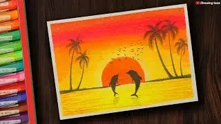 Dolphin Sunset Scenery Drawing with Oil Pastels for Beginners step by step | Drawing Buzz