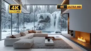 4K Modern Luxury Cabin Ambience | Cozy Fireplace & Snowing Forest View 1Hour