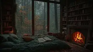 Peaceful Respite: Rain by the Window, Crackling Fire Inside - Embrace Tranquility for Mindful Rest