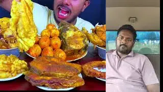 Eating spicy fish curry fish fry whole chicken mutton fat goat head rice eating 