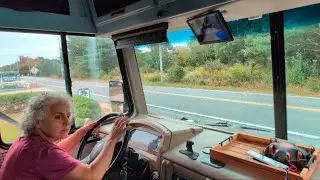 Solo female driving 34' Class A RV, u-turn, on narrow bumpy roads, & putting down leveling jacks.