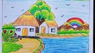 Simple village scenery drawing/Easy pencil sketch for beginners step by step #easydrawing#viralvideo