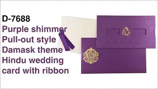 Purple shimmer Pull-out style Damask theme Hindu wedding card with ribbon. D-7688- Latest design!