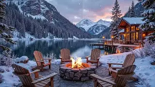 Cozy Winter Lakeside Piano Music ❄️🔥 Warm Fireplace, Sunset View & Relaxing Snow Ambience