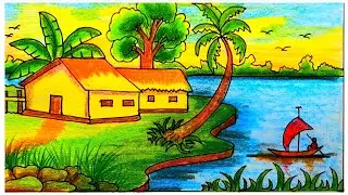 নদীমাতৃক গ্রামের দৃশ্য অংকন || Draw A River View village Scenery With Color Pencil. #art #landscape 