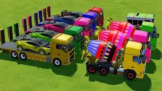 TRANSPORTING POLICE CARS, SPORT CARS, COLORFUL WITH MIXER TRUCKS -FARMING SIMULATOR 22! 