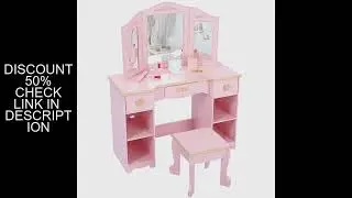 Kids Vanity, Pretend Play Vanity Set with Stool and Tri-Fold Mirror, Little Girl Makeup Desk,Toddler