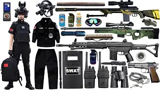 Special police weapon toy set unboxing, M24 sniper rifle,tactical helmet,Glock pistol,submachine gun