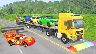 Flatbed Truck McQueen | Transportation with Truck - Pothole vs Car #02 | BeamNG.Drive Gameplay