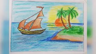 Draw a Scenery of Island with Pencil Colours | Simple Island Drawing for Beginners