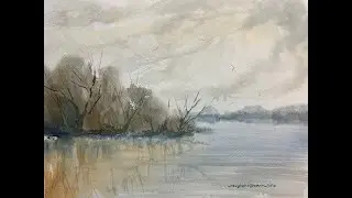 Three colours / Fast and loose Hake brush watercolour / Lake and trees watercolor