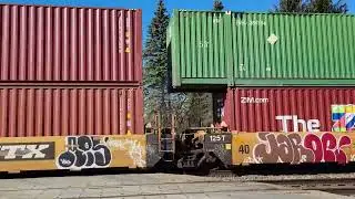 IC 2714, BC RAIL 4646 Eastbound container in well car, auto rack freight train at Vicksburg, MI