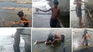 small village boy fishing  with single hook and dive mask, MUST WATCH real fishing technique