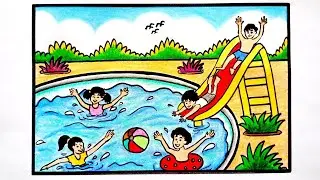 Kids Playing in Swimming Pool Drawing 💦| Children Playing in Pool Drawing | Swimming Pool Drawing