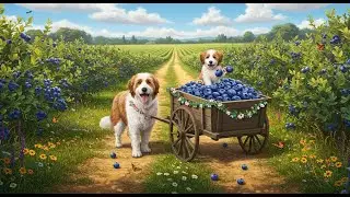 Adorable Mama dog and her Puppy enjoying a Blueberry Harvest and Juice and having a relaxing day