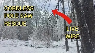 Greenworks Commercial GS100 82v battery pole saw cutting up some downed branches from an ice storm.