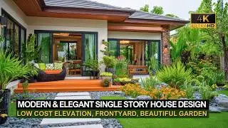 Modern Single Story House Design: Elegant Low Cost Elevation, Simple Frontyard, Beautiful Garden