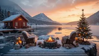 Scandinavian Christmas Lake Cabin ❄️🔥 Winter Fire, Snowfall & Peaceful Sunset