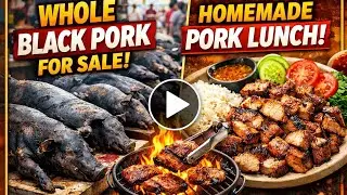 Whole black pork carcasses are brought to the market for sale, homemade grilled pork lunch.