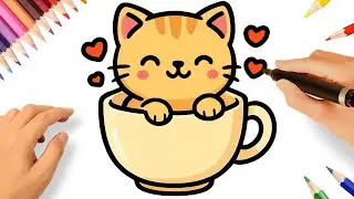HOW TO DRAW CUTE CAT IN A CUP 🐱☕💖 EASY STEP-BY-STEP TUTORIAL