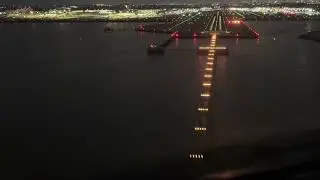 Night Landing in LaGuardia. Pilot view landing LGA KLGA.