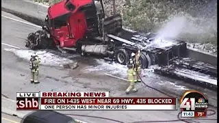 Driver injured in fiery semi rollover wreck on I-435 in Overland Park