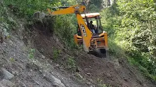 Landslide Hit Narrow Hilly Road-Backhoe Loader-Clearing Blocked Road