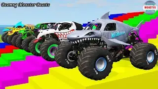 Monster Truck Transport on Triple Flatbed Trailer &ndash; BeamNG Monster Beasts #109