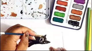Miniature Black Cat Painting ! ACEO art card original watercolor ,color pencil