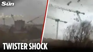 Moment huge tornado strikes Paris suburb destroying three cranes and leaving at least one dead
