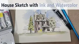 House sketch with ink and watercolor