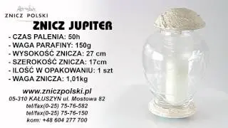 Jupiter biały znicz szklany, klasyczny kształt oraz unikalne piękne szkło z dodatkami odlewanymi.