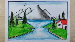 How to Draw Riverside Mountain Village by Water Color Pencil | Landscape fatihakhalidartsandcrafts 