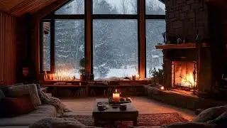 Smooth Jazz | Late Night Winter Escape in a Cabin with Snow and Fireplace Light