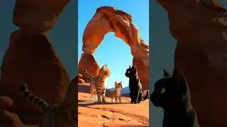 a family of cats exploring Turret Arch in Arches National Park, Utah