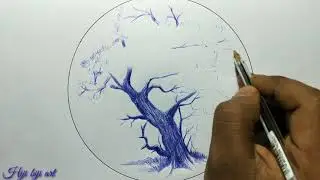 How to draw Tree with pen in a circle/ step by step tree drawing for beginners