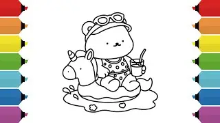 Cozy Critters: Cute & Cozy Animal Adventures Coloring Book | Cutie Bear's Pool Party Coloring Page