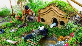 Wow, Amazing Build! Build Beautiful Mud House For Adorable Newborn Puppies At The Jungle