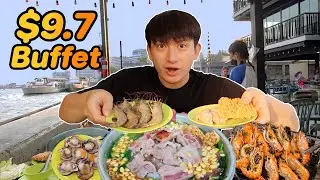 $9.71 Mookata Buffet in Bangkok, Thailand next to the Chao Phraya River at night!!