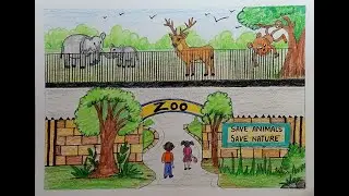 How to draw a Zoo scenery drawing step by step l Zoo scenery drawing easy