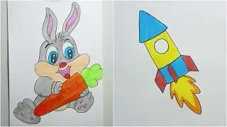 Colorful drawing of rocket and rabbit for kids
