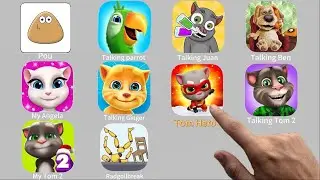 Playing My Talking Tom 2, Talking Juan, Pou, Ben, SaveTheDog,Talking Ginger,My Angela,Talking Parrot